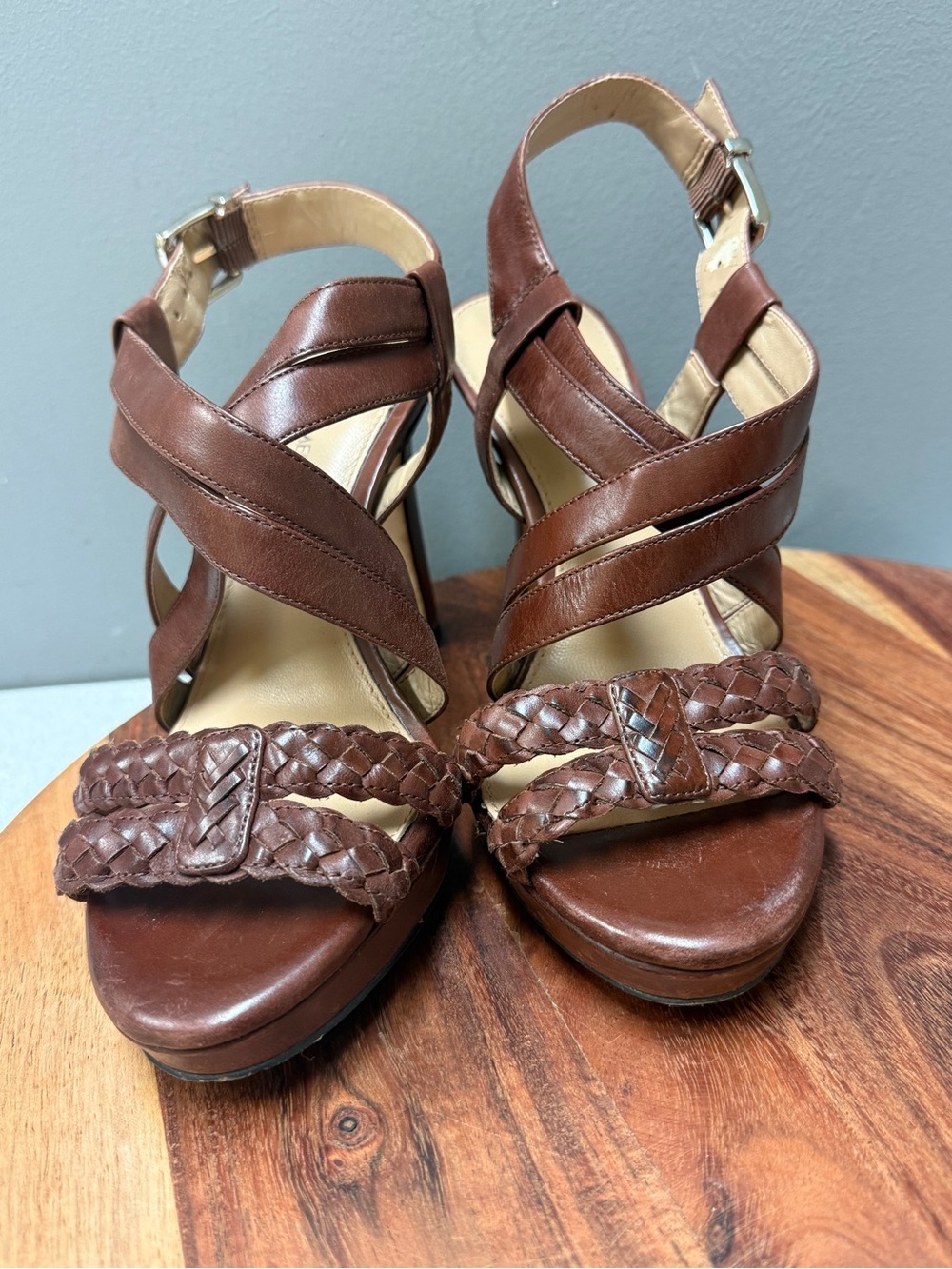 ANTONIO MELANI Brown Braided Leather Slingback Heels